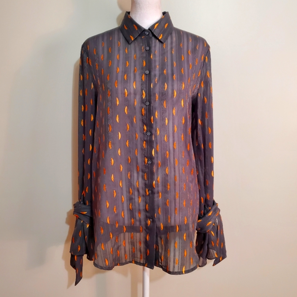 Banana Republic Dillion hunter green copper foil detail chiffon button blouse S - Picture 2 of 12